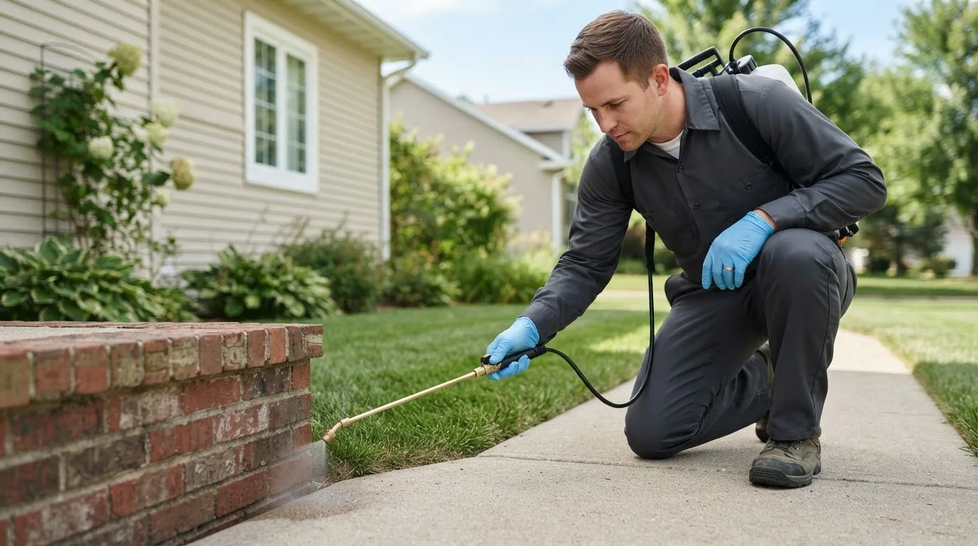 Pest control technician treating a home near Swisher, IA