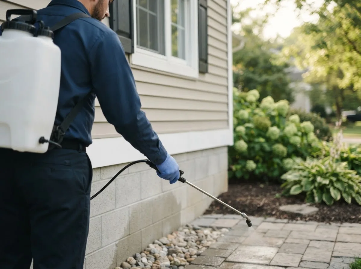 Pest control technician inspecting a home in Swisher, IA